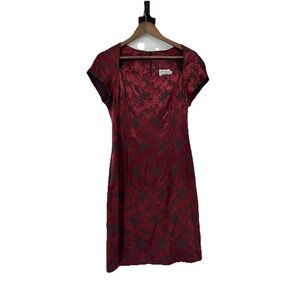 CDC‎ Vintage 90s Square Neck Red Satin Asian Inspired Floral Dress Womens 10